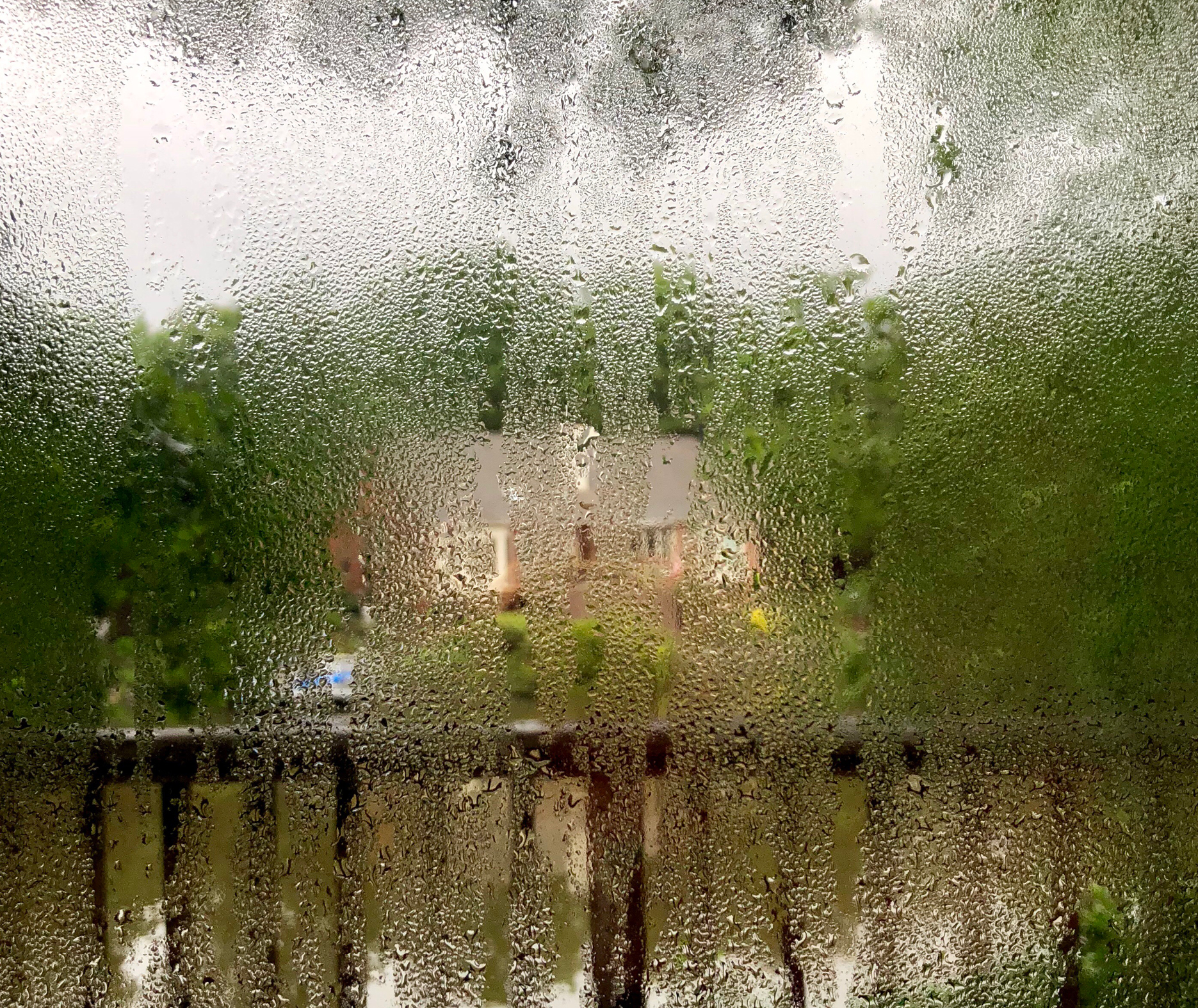Heavy condensation on the inside of a window, with a blurred view of trees, houses and a railing outside